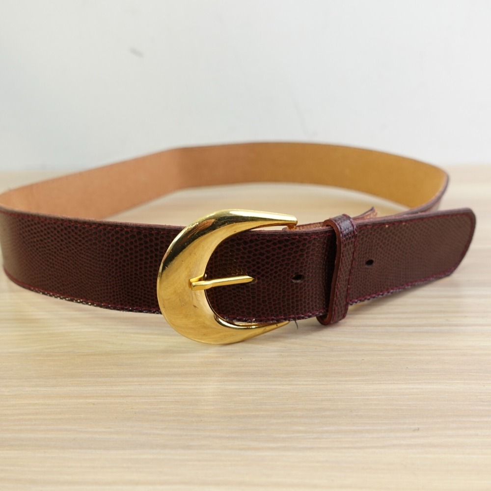 90s Vintage Lizard Belt Womens Small Chocolate Gold Tone Buckle Embossed Faux